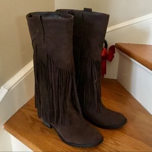 Brown Fringe Faux Suede Boots